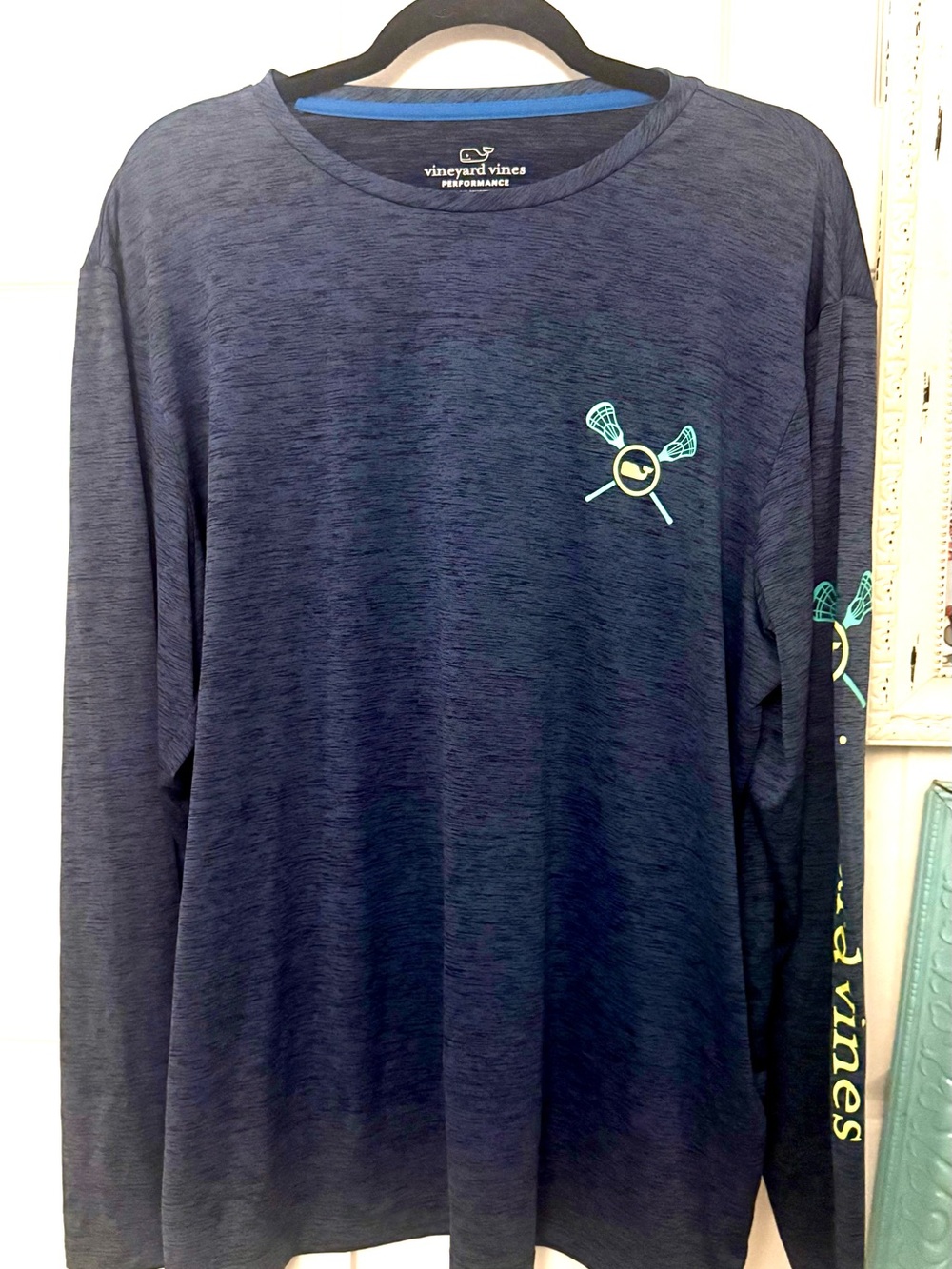 Vineyard Vines Navy Long-Sleeve Performance Tee with Lacrosse Graphic